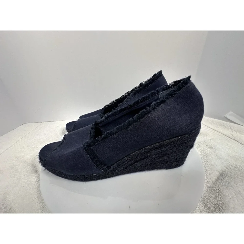 Ralph Lauren Linen Peep Toe Navy Blue Espadrilles Wedge Womens Sz 9‎ French chic